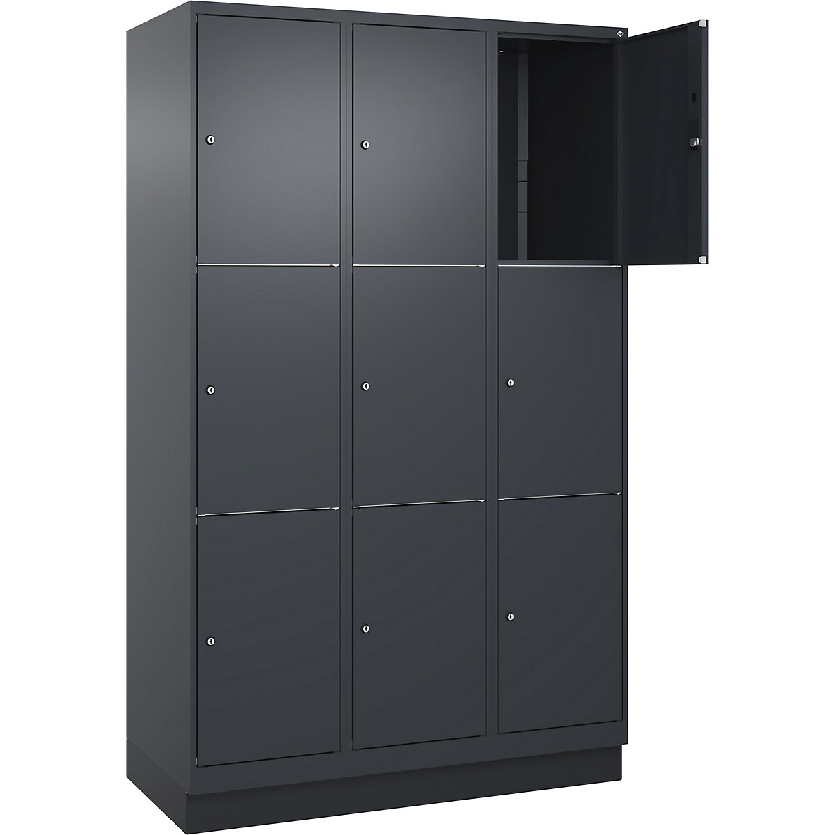 Armário de cacifos de 3 andares Classic PLUS – C+P, 3 compartimentos, cinzento, L 1200 mm, 9 compartimentos, com rodapé-0