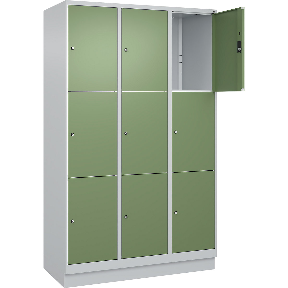Armário de cacifos de 3 andares Classic PLUS – C+P, 3 compartimentos, cinzento claro/verde reseda, L 1200 mm, 9 compartimentos, com rodapé-0