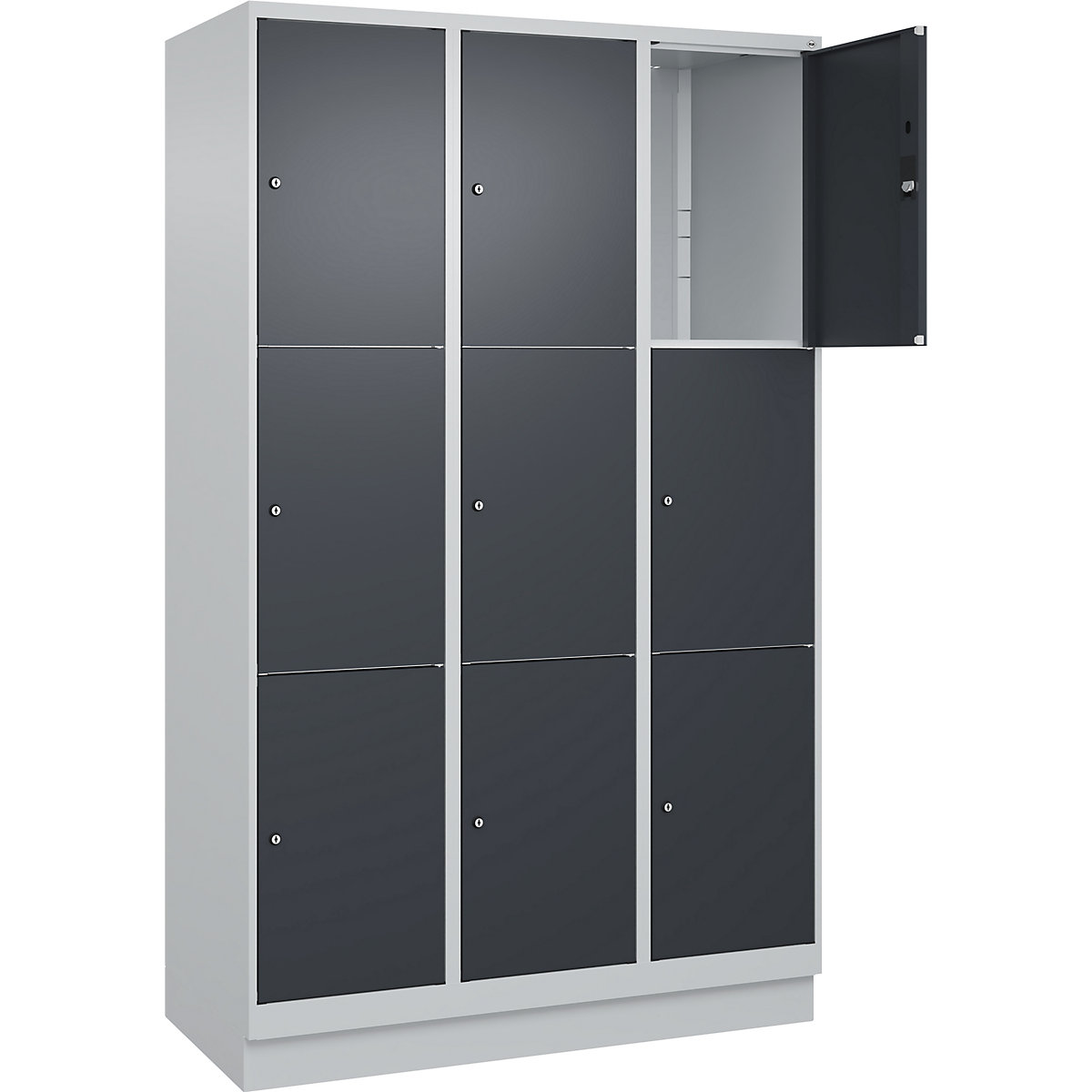 Armário de cacifos de 3 andares Classic PLUS – C+P, 3 compartimentos, cinzento claro/cinzento, L 1200 mm, 9 compartimentos, com rodapé-0