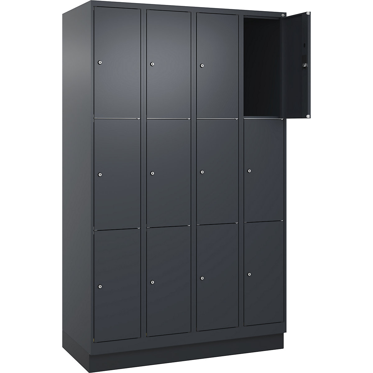 Armário de cacifos de 3 andares Classic PLUS – C+P, 4 compartimentos, cinzento, L 1200 mm, 12 compartimentos, com rodapé-0