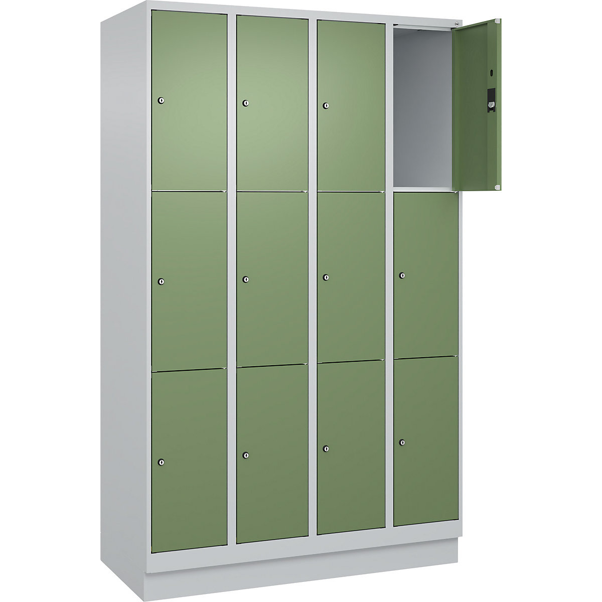 Armário de cacifos de 3 andares Classic PLUS – C+P, 4 compartimentos, cinzento claro/verde reseda, L 1200 mm, 12 compartimentos, com rodapé-0