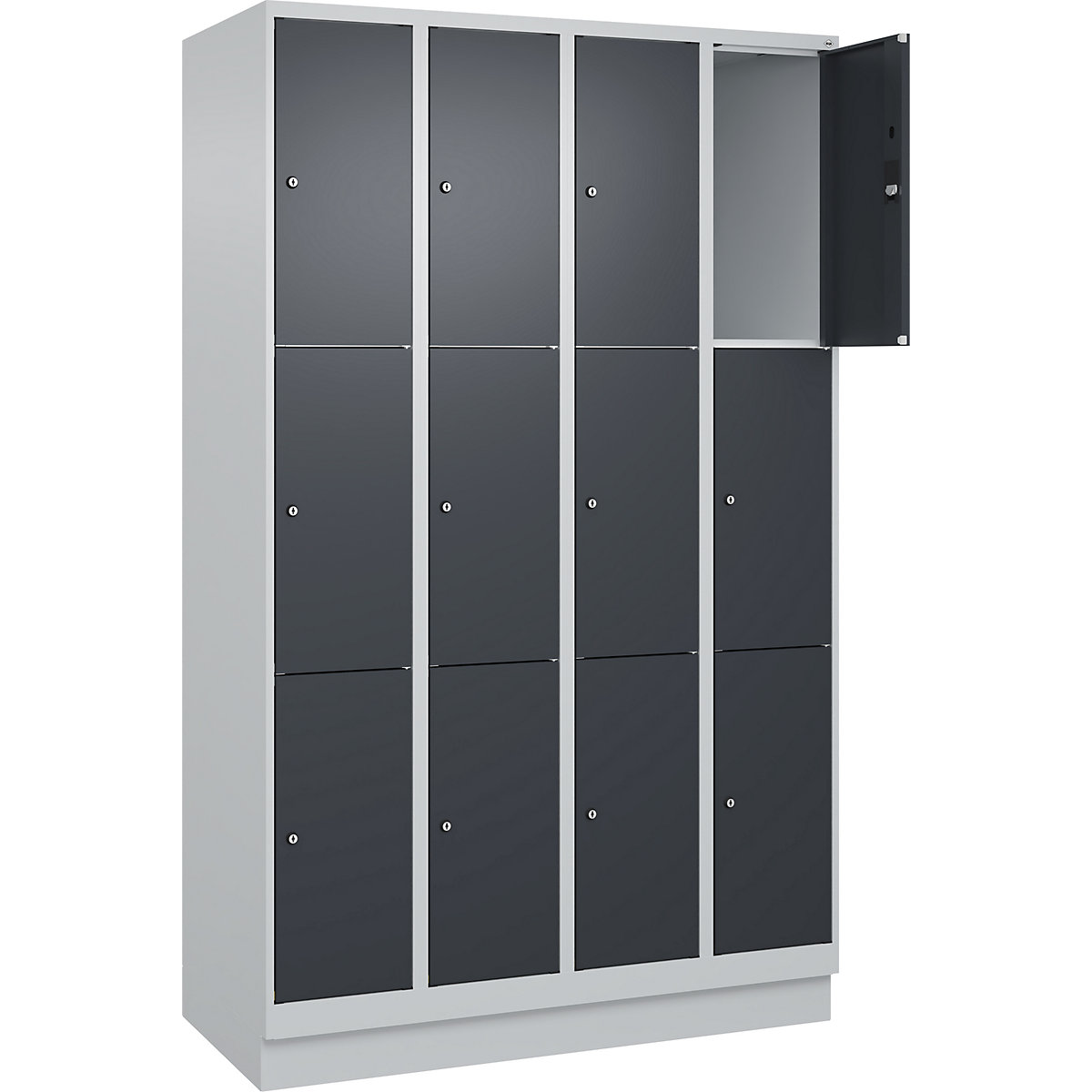 Armário de cacifos de 3 andares Classic PLUS – C+P, 4 compartimentos, cinzento claro/cinzento, L 1200 mm, 12 compartimentos, com rodapé-0