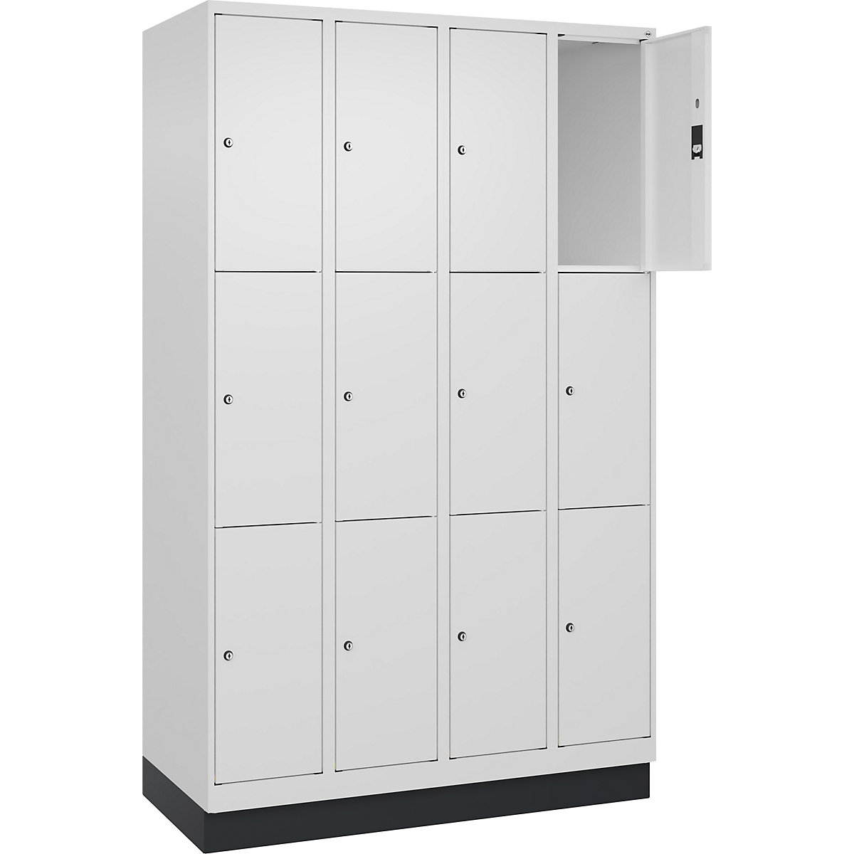 Armário de cacifos de 3 andares Classic PLUS – C+P, 4 compartimentos, branco trânsito, L 1200 mm, 12 compartimentos, com rodapé-0