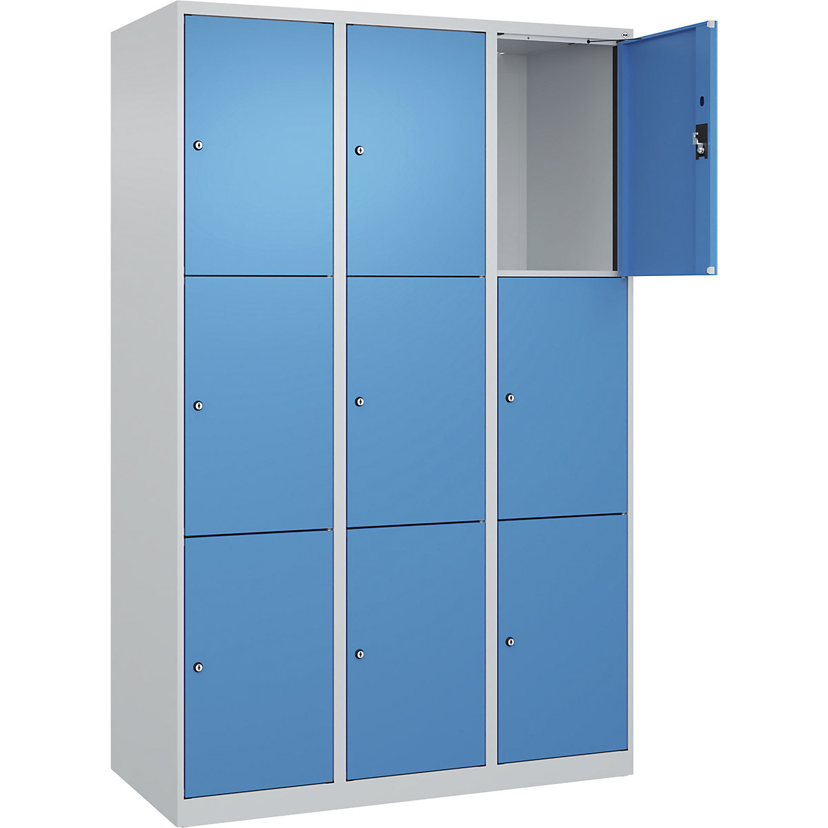Armário de cacifos de 3 andares Evolo PLUS, 3 compartimentos, cinzento claro/azul claro, L 1200 mm, 9 compartimentos, com sapatas, fechadura de cilindro-0