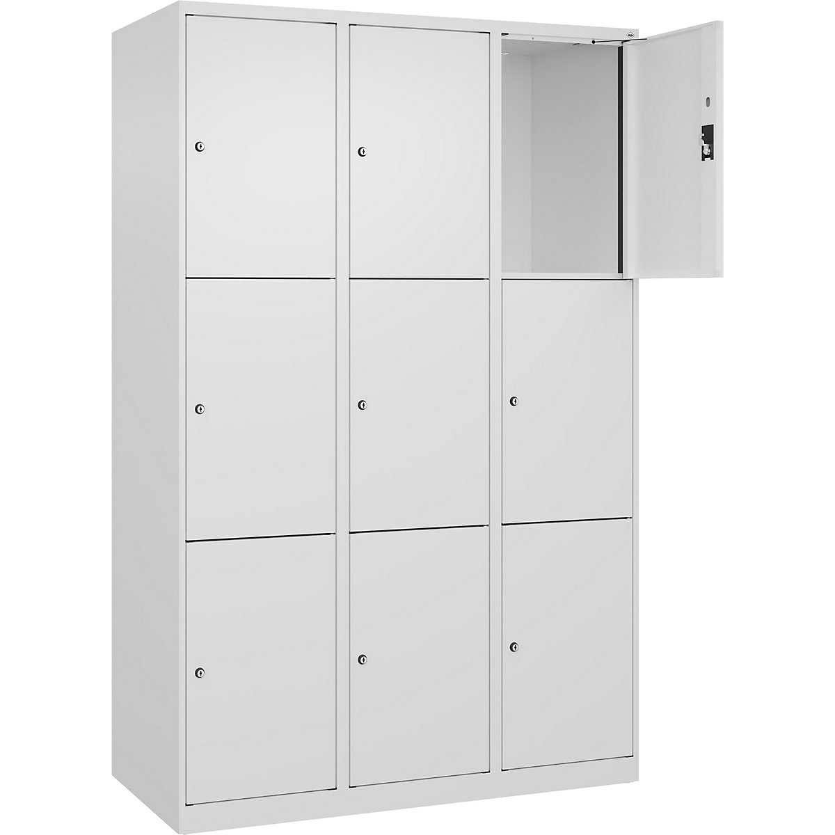 Armário de cacifos de 3 andares Evolo PLUS, 3 compartimentos, branco, L 1200 mm, 9 compartimentos, com sapatas, fechadura de cilindro-0