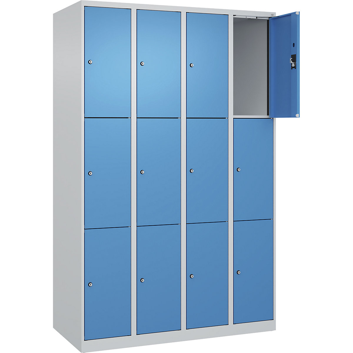 Armário de cacifos de 3 andares Evolo PLUS, 4 compartimentos, cinzento claro/azul claro, L 1200 mm, 12 compartimentos, com sapatas, fechadura de cilindro-0