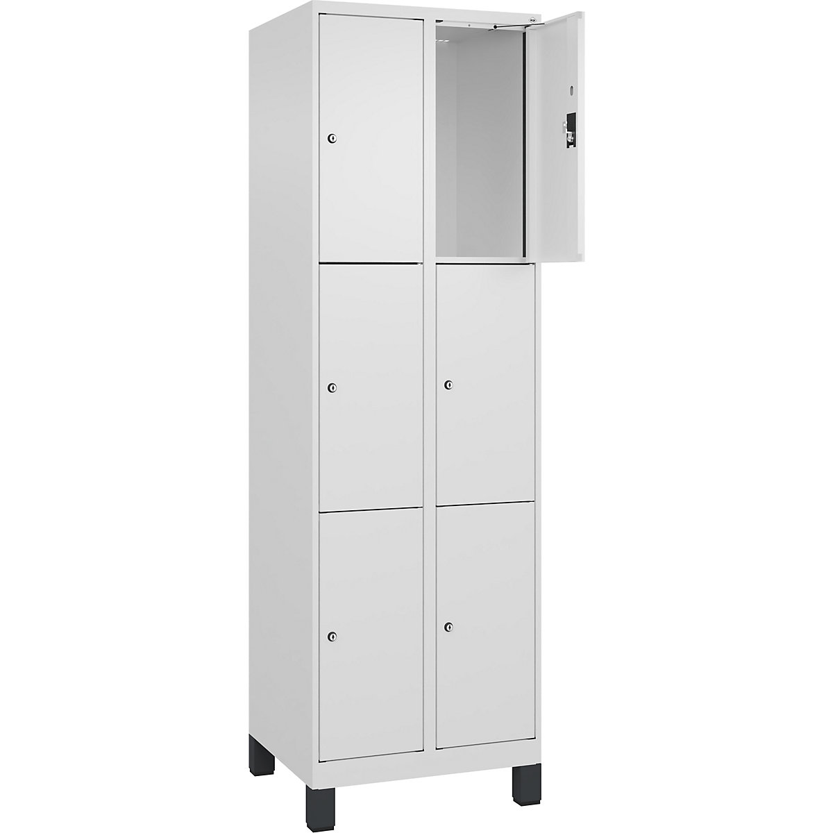 Armário de cacifos de 3 andares Evolo PLUS, 2 compartimentos, branco, L 600 mm, 6 compartimentos, com pés largos, fechadura de cilindro-0