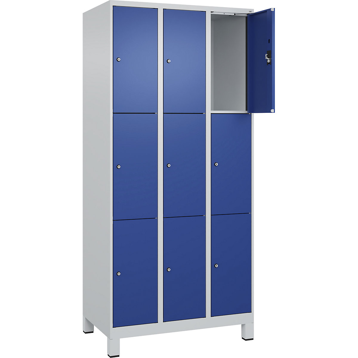 Armário de cacifos de 3 andares Evolo PLUS, 3 compartimentos, cinzento claro/azul genciana, L 900 mm, 9 compartimentos, com pés largos, fechadura de cilindro-0