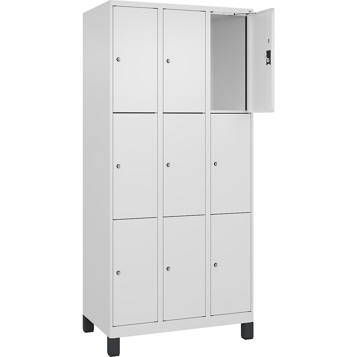 Armário de cacifos de 3 andares Evolo PLUS, 3 compartimentos, branco, L 900 mm, 9 compartimentos, com pés largos, fechadura de cilindro-0
