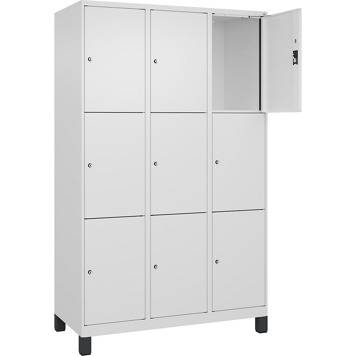 Armário de cacifos de 3 andares Evolo PLUS, 3 compartimentos, branco, L 1200 mm, 9 compartimentos, com pés largos, fechadura de cilindro-0
