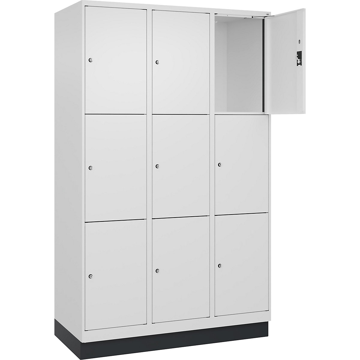 Armário de cacifos de 3 andares Evolo PLUS, 3 compartimentos, branco, L 1200 mm, 9 compartimentos, com rodapé, fechadura de cilindro-0