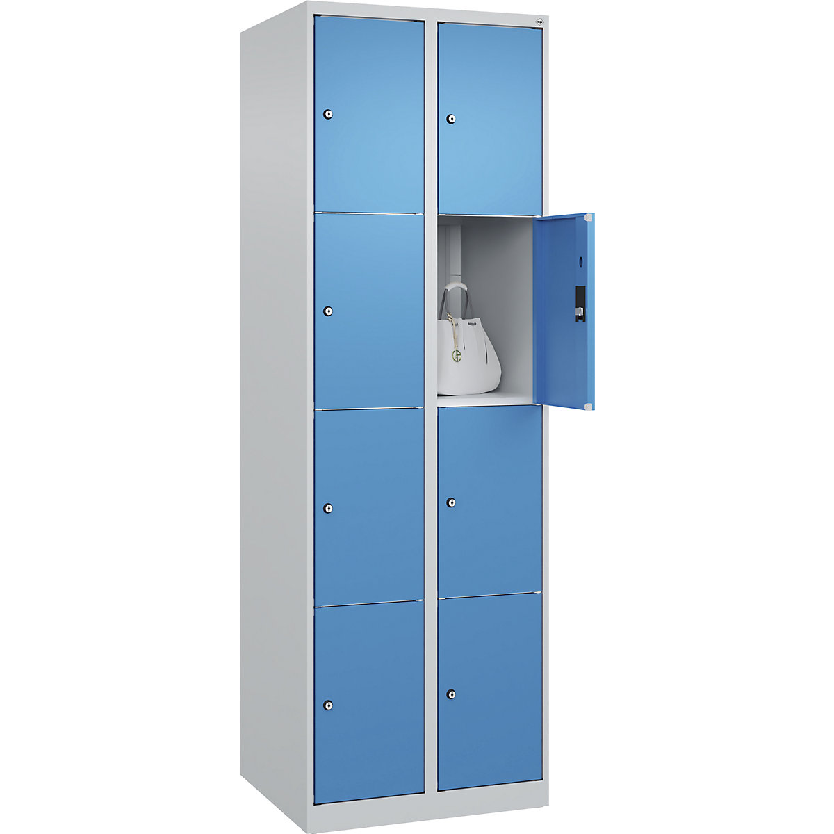 Armário de cacifos de 4 andares Classic PLUS – C+P, 2 compartimentos, cinzento claro/azul claro, L 600 mm, 8 compartimentos, com sapatas-0
