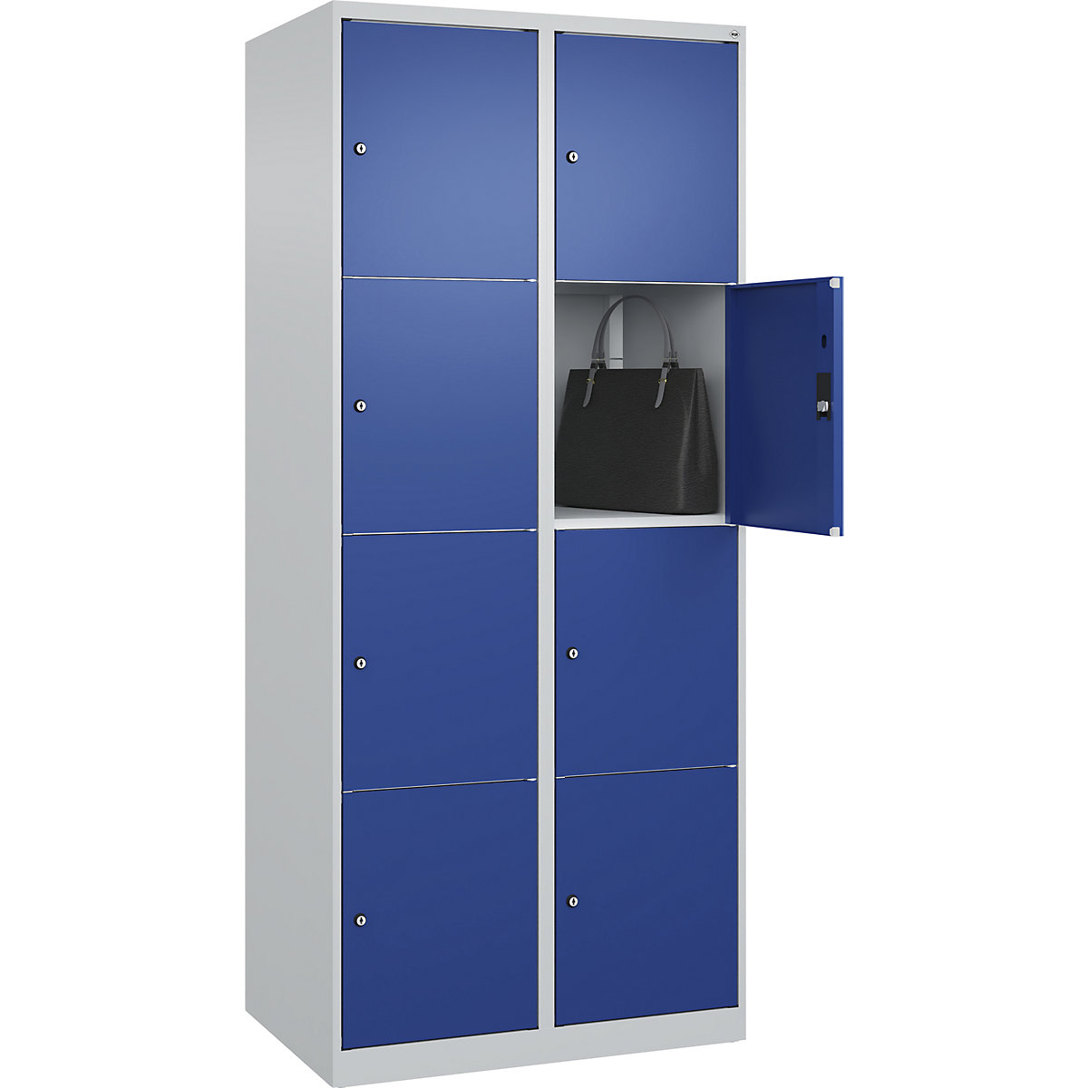 Armário de cacifos de 4 andares Classic PLUS – C+P, 2 compartimentos, cinzento claro/azul genciana, L 800 mm, 8 compartimentos, com sapatas-0