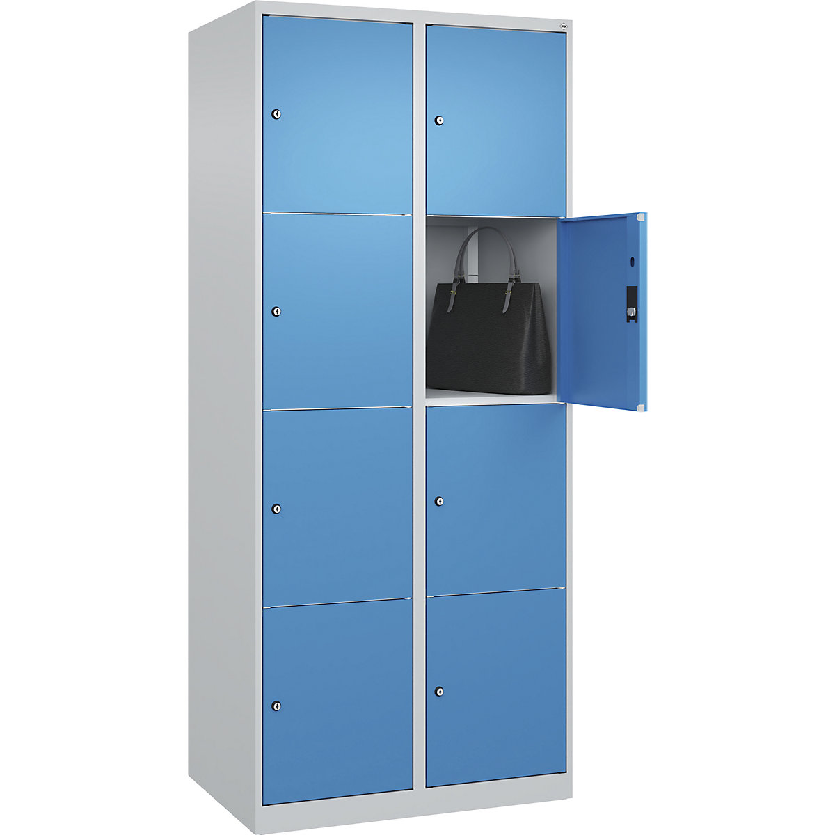 Armário de cacifos de 4 andares Classic PLUS – C+P, 2 compartimentos, cinzento claro/azul claro, L 800 mm, 8 compartimentos, com sapatas-0