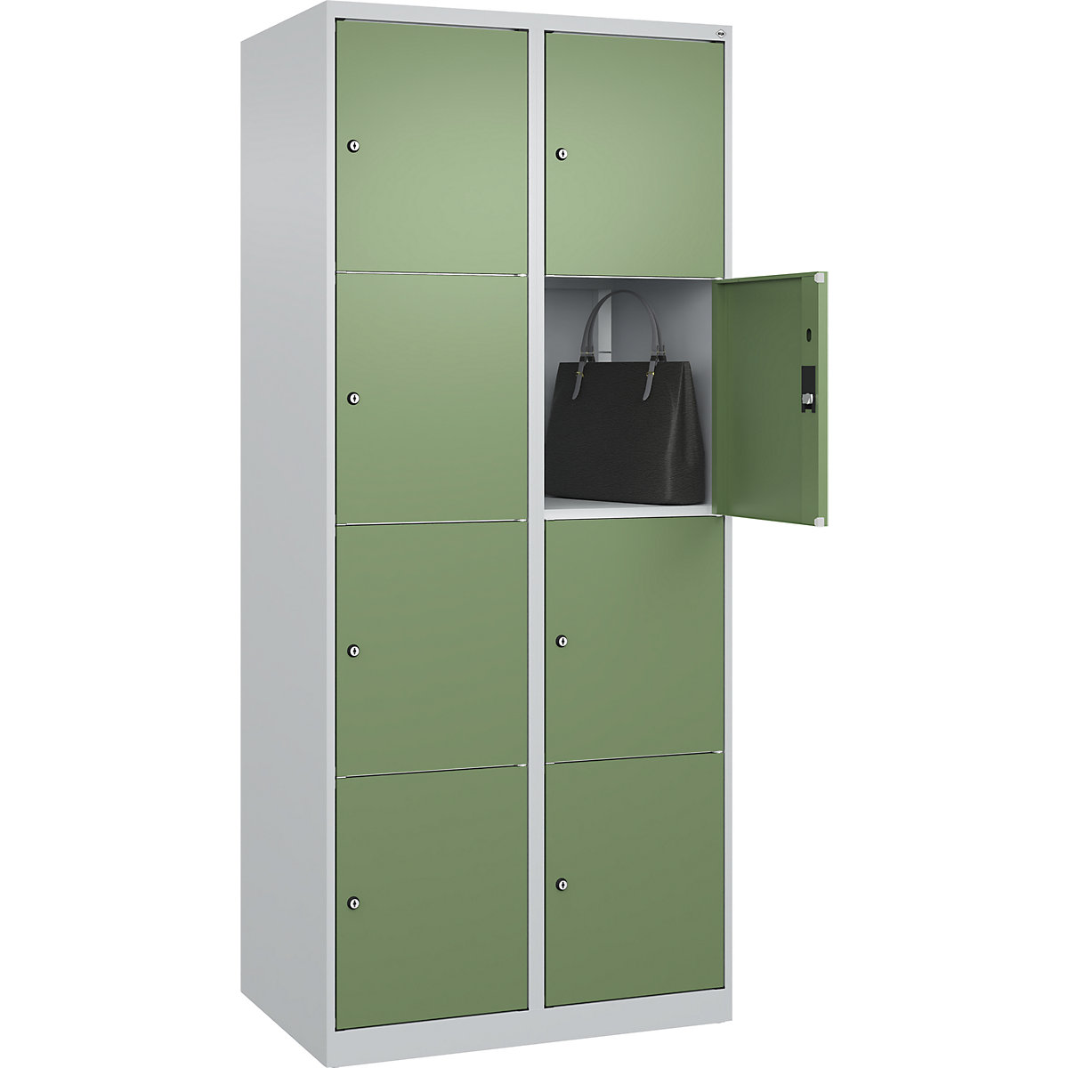 Armário de cacifos de 4 andares Classic PLUS – C+P, 2 compartimentos, cinzento claro/verde reseda, L 800 mm, 8 compartimentos, com sapatas-0