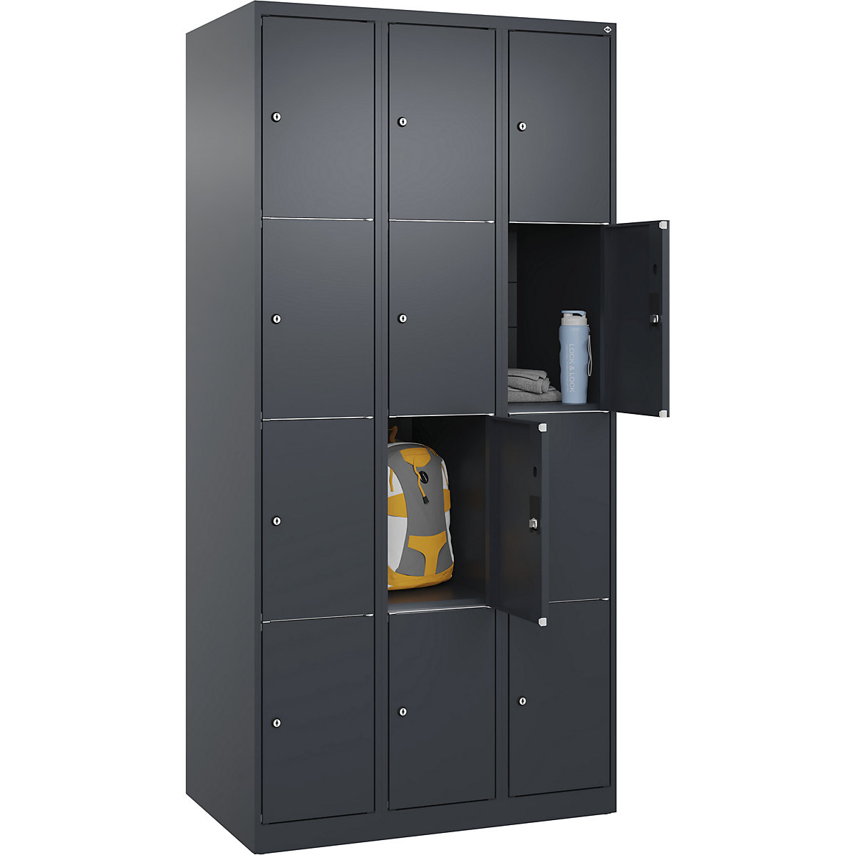 Armário de cacifos de 4 andares Classic PLUS – C+P, 3 compartimentos, cinzento, L 900 mm, 12 compartimentos, com sapatas-0
