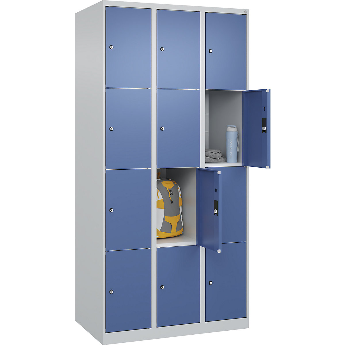 Armário de cacifos de 4 andares Classic PLUS – C+P, 3 compartimentos, cinzento claro/azul distante, L 900 mm, 12 compartimentos, com sapatas-0