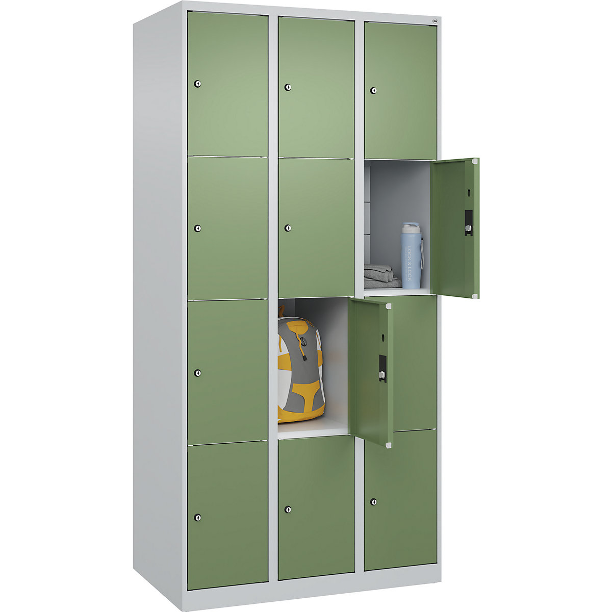 Armário de cacifos de 4 andares Classic PLUS – C+P, 3 compartimentos, cinzento claro/verde reseda, L 900 mm, 12 compartimentos, com sapatas-0