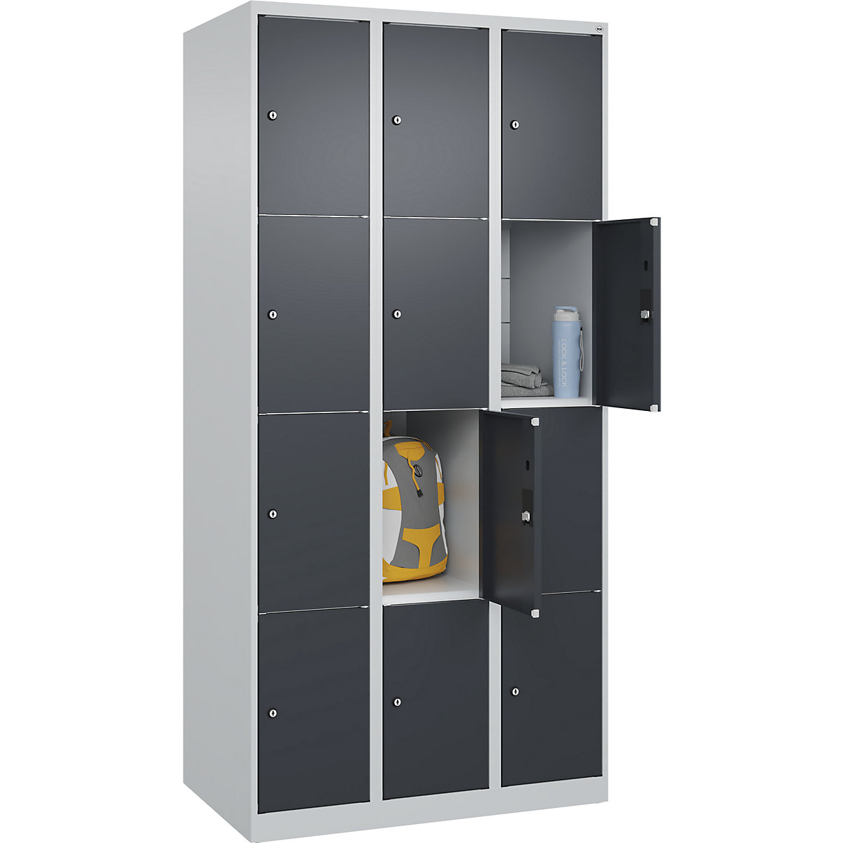 Armário de cacifos de 4 andares Classic PLUS – C+P, 3 compartimentos, cinzento claro/cinzento, L 900 mm, 12 compartimentos, com sapatas-0