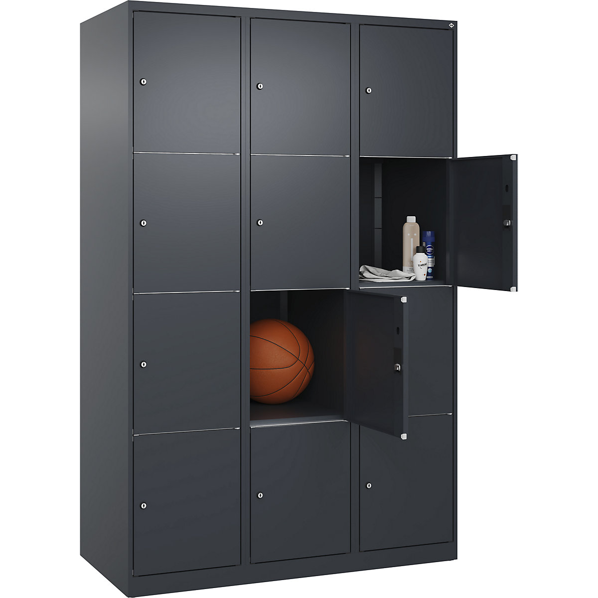 Armário de cacifos de 4 andares Classic PLUS – C+P, 3 compartimentos, cinzento, L 1200 mm, 12 compartimentos, com sapatas-0