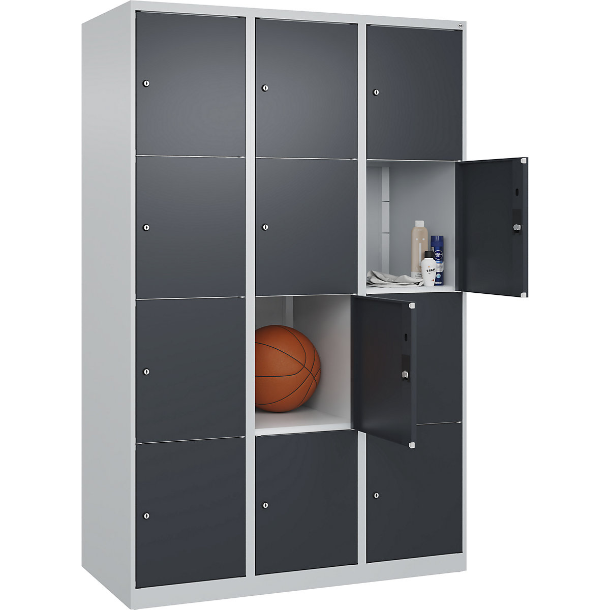 Armário de cacifos de 4 andares Classic PLUS – C+P, 3 compartimentos, cinzento claro/cinzento, L 1200 mm, 12 compartimentos, com sapatas-0