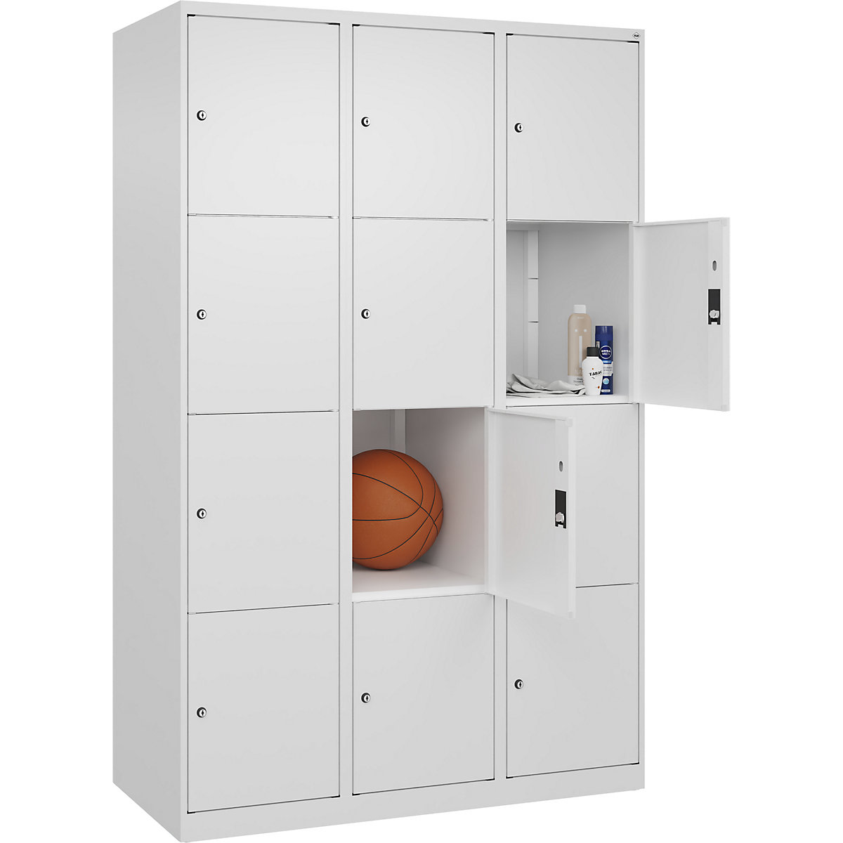 Armário de cacifos de 4 andares Classic PLUS – C+P, 3 compartimentos, branco trânsito, L 1200 mm, 12 compartimentos, com sapatas-0