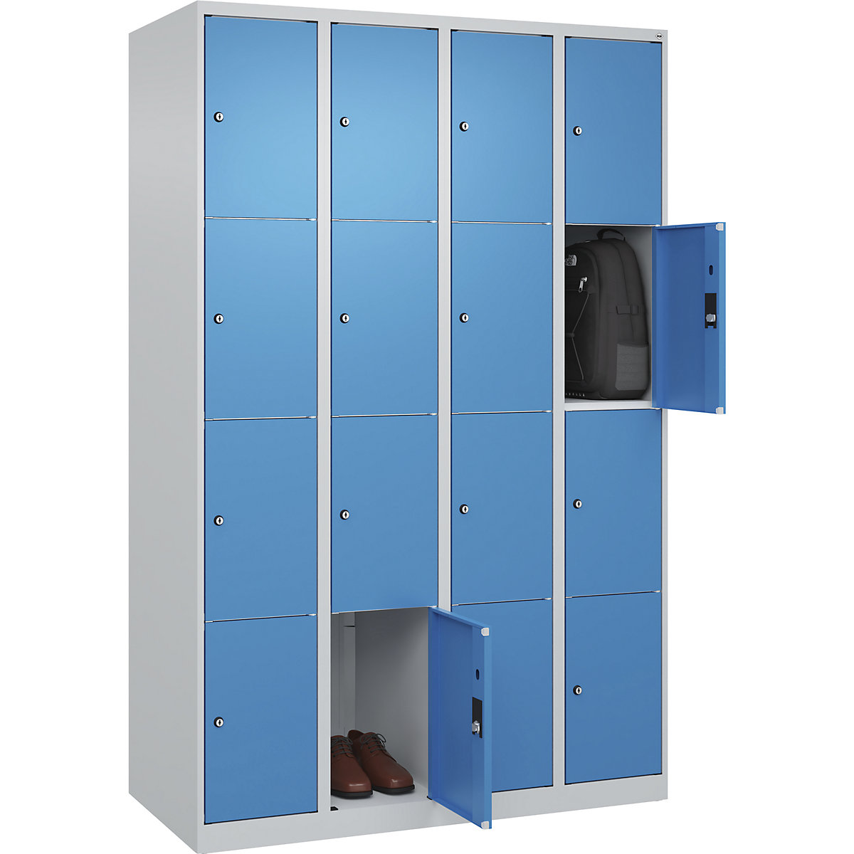 Armário de cacifos de 4 andares Classic PLUS – C+P, 4 compartimentos, cinzento claro/azul claro, L 1200 mm, 16 compartimentos, com sapatas-0