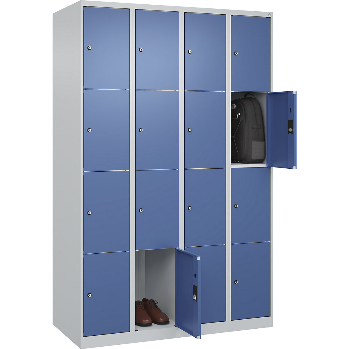 Armário de cacifos de 4 andares Classic PLUS – C+P, 4 compartimentos, cinzento claro/azul distante, L 1200 mm, 16 compartimentos, com sapatas-0