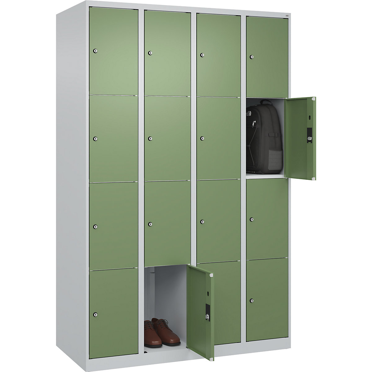 Armário de cacifos de 4 andares Classic PLUS – C+P, 4 compartimentos, cinzento claro/verde reseda, L 1200 mm, 16 compartimentos, com sapatas-0
