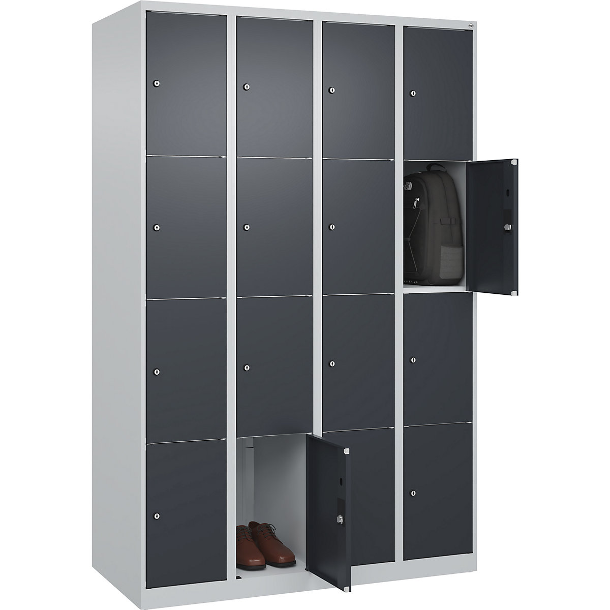 Armário de cacifos de 4 andares Classic PLUS – C+P, 4 compartimentos, cinzento claro/cinzento, L 1200 mm, 16 compartimentos, com sapatas-0