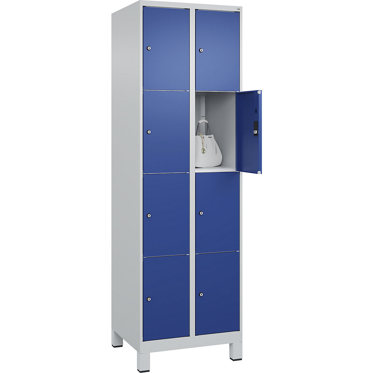 Armário de cacifos de 4 andares Classic PLUS – C+P, 2 compartimentos, cinzento claro/azul genciana, L 600 mm, 8 compartimentos, com pés-0