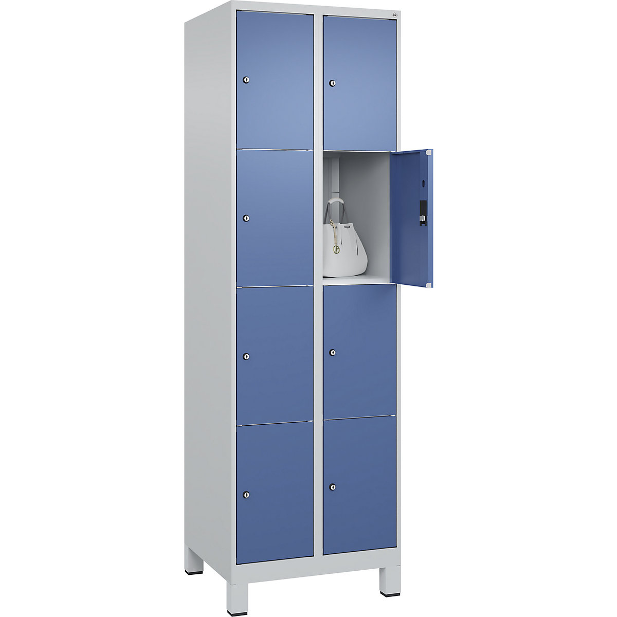 Armário de cacifos de 4 andares Classic PLUS – C+P, 2 compartimentos, cinzento claro/azul distante, L 600 mm, 8 compartimentos, com pés-0