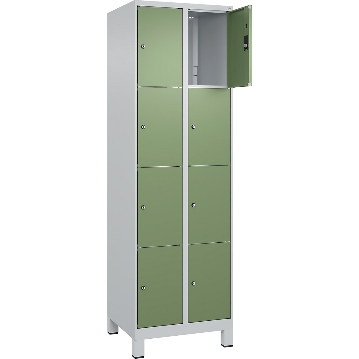 Armário de cacifos de 4 andares Classic PLUS – C+P, 2 compartimentos, cinzento claro/verde reseda, L 600 mm, 8 compartimentos, com pés-0