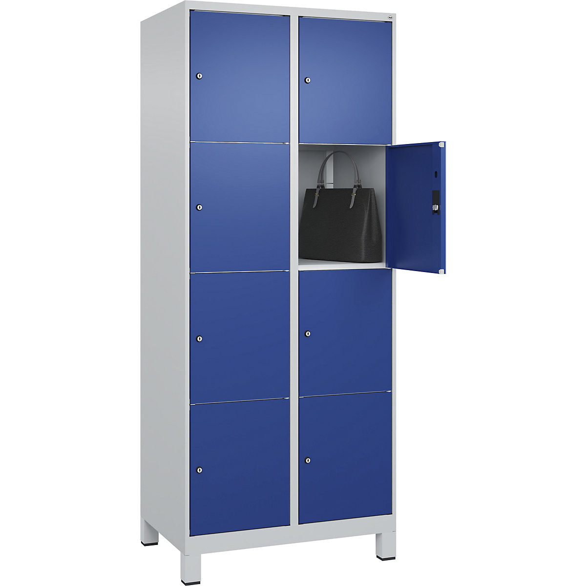 Armário de cacifos de 4 andares Classic PLUS – C+P, 2 compartimentos, cinzento claro/azul genciana, L 800 mm, 8 compartimentos, com pés-0