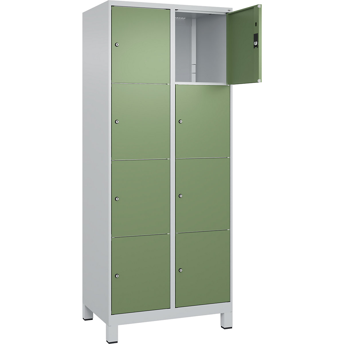 Armário de cacifos de 4 andares Classic PLUS – C+P, 2 compartimentos, cinzento claro/verde reseda, L 800 mm, 8 compartimentos, com pés-0