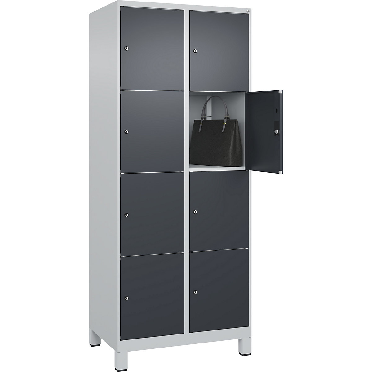 Armário de cacifos de 4 andares Classic PLUS – C+P, 2 compartimentos, cinzento claro/cinzento, L 800 mm, 8 compartimentos, com pés-0