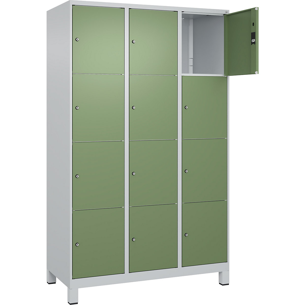 Armário de cacifos de 4 andares Classic PLUS – C+P, 3 compartimentos, cinzento claro/verde reseda, L 1200 mm, 12 compartimentos, com pés-0