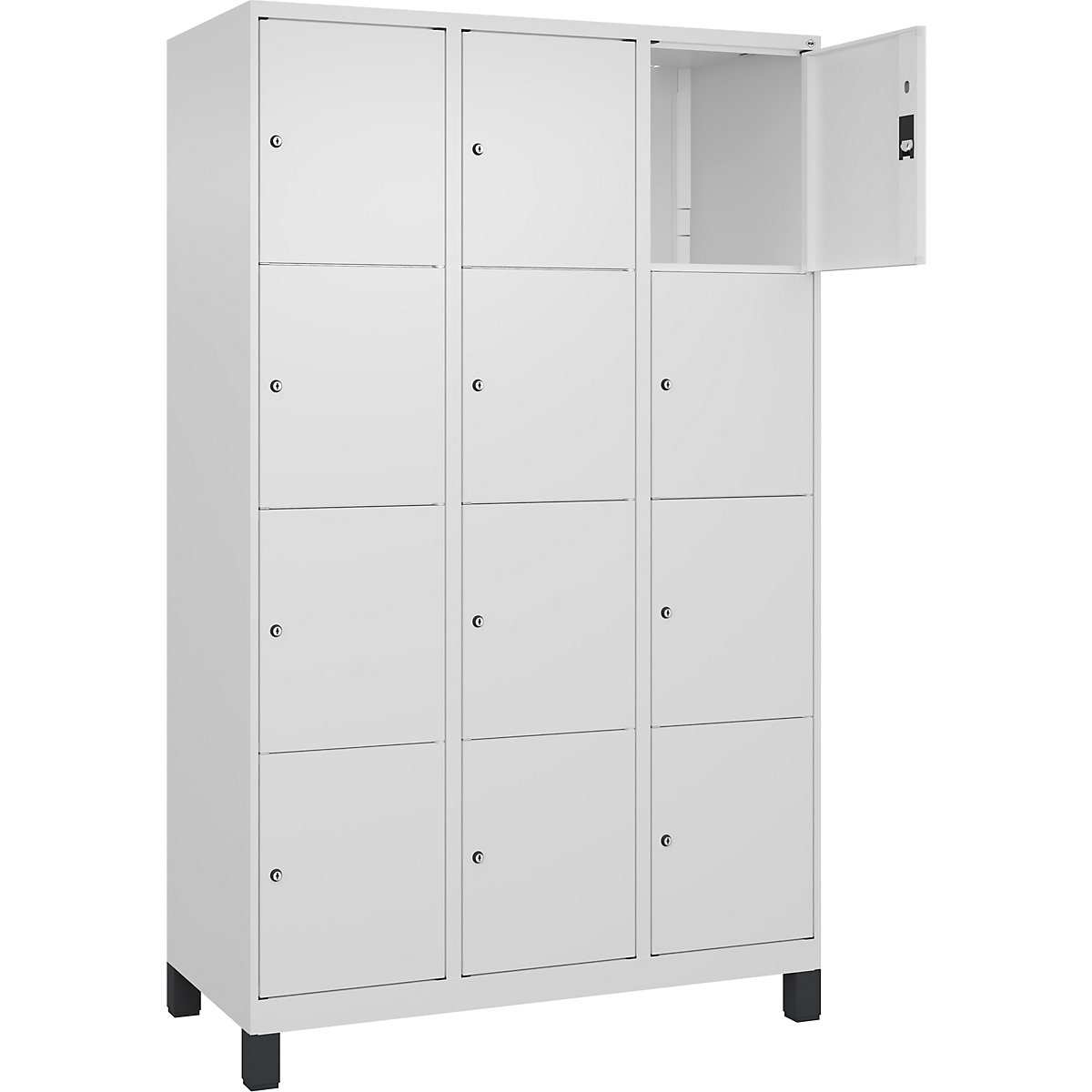 Armário de cacifos de 4 andares Classic PLUS – C+P, 3 compartimentos, branco trânsito, L 1200 mm, 12 compartimentos, com pés-0