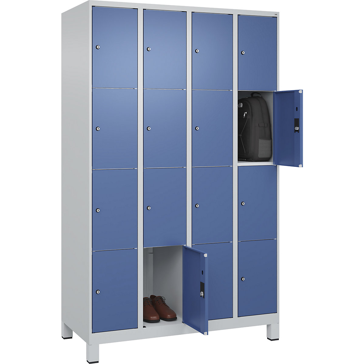 Armário de cacifos de 4 andares Classic PLUS – C+P, 4 compartimentos, cinzento claro/azul distante, L 1200 mm, 16 compartimentos, com pés-0