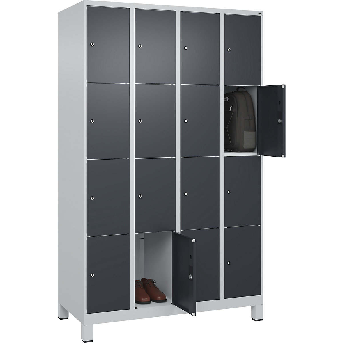 Armário de cacifos de 4 andares Classic PLUS – C+P, 4 compartimentos, cinzento claro/cinzento, L 1200 mm, 16 compartimentos, com pés-0