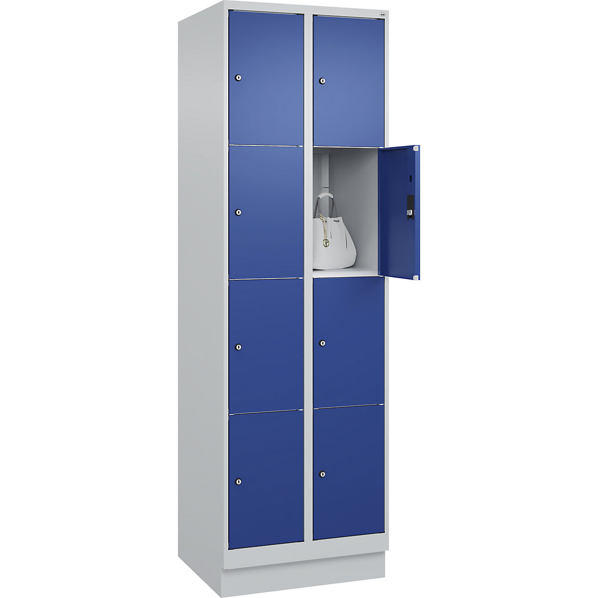 Armário de cacifos de 4 andares Classic PLUS – C+P, 2 compartimentos, cinzento claro/azul genciana, L 600 mm, 8 compartimentos, com rodapé-0