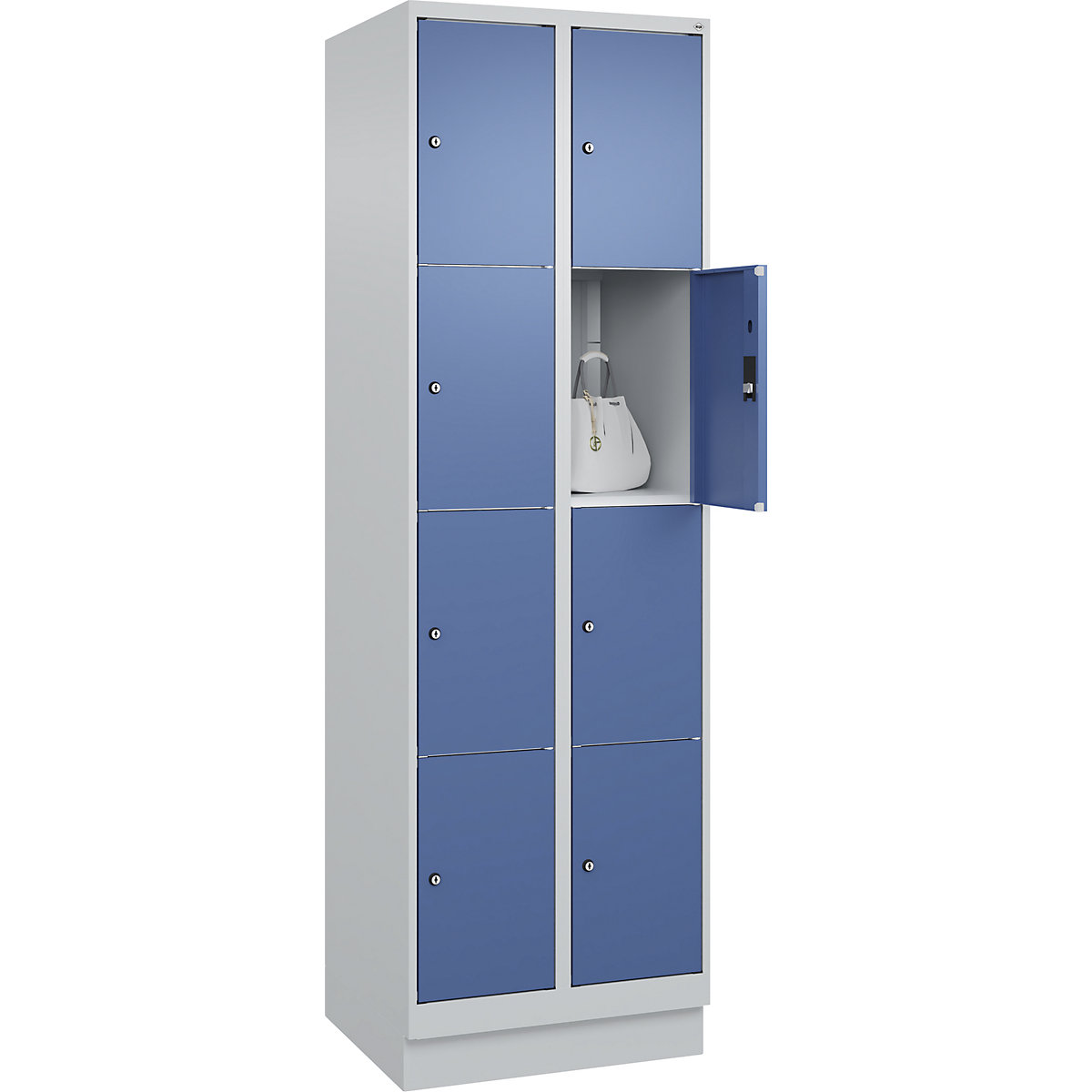 Armário de cacifos de 4 andares Classic PLUS – C+P, 2 compartimentos, cinzento claro/azul distante, L 600 mm, 8 compartimentos, com rodapé-0
