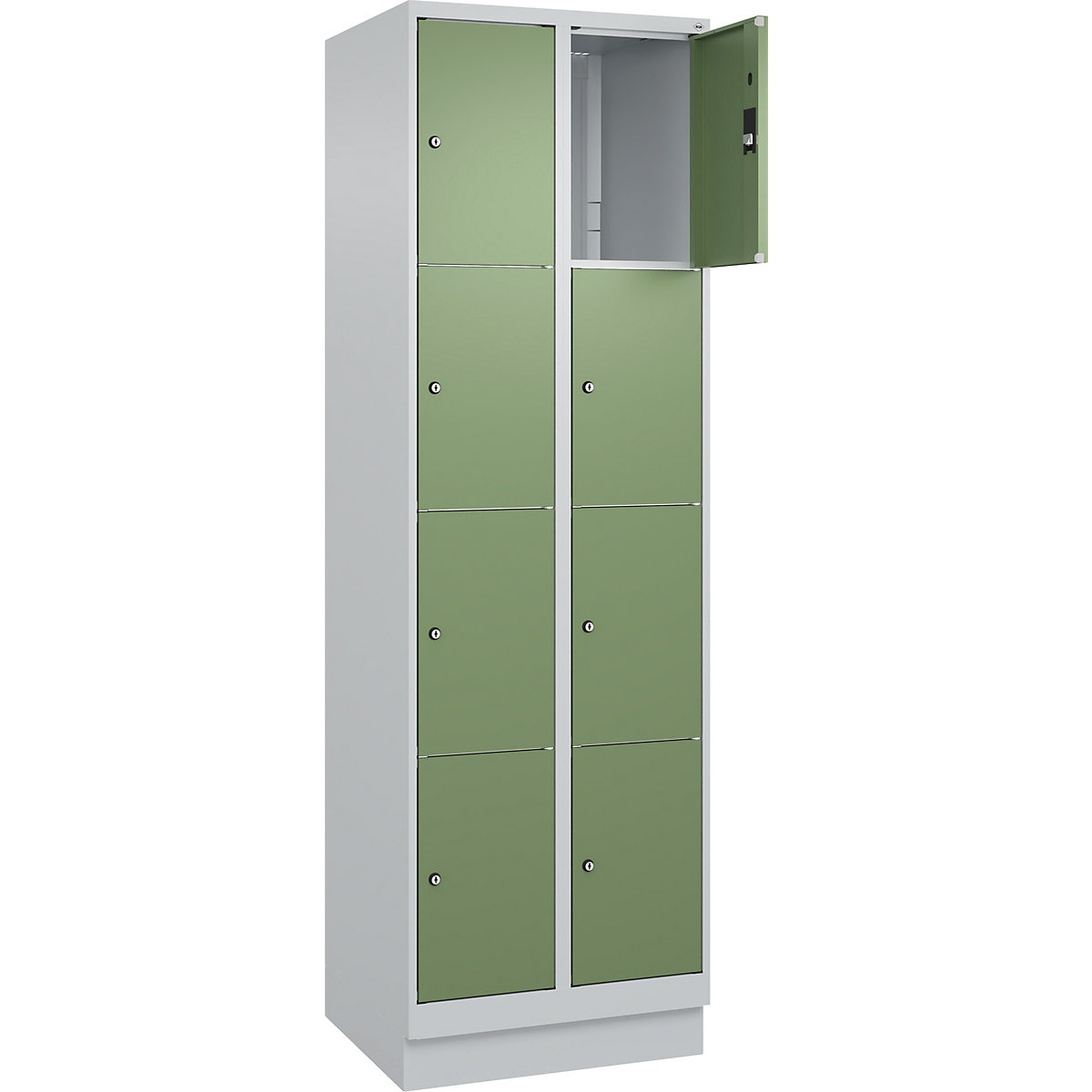 Armário de cacifos de 4 andares Classic PLUS – C+P, 2 compartimentos, cinzento claro/verde reseda, L 600 mm, 8 compartimentos, com rodapé-0