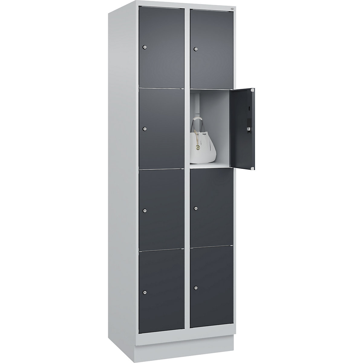 Armário de cacifos de 4 andares Classic PLUS – C+P, 2 compartimentos, cinzento claro/cinzento, L 600 mm, 8 compartimentos, com rodapé-0