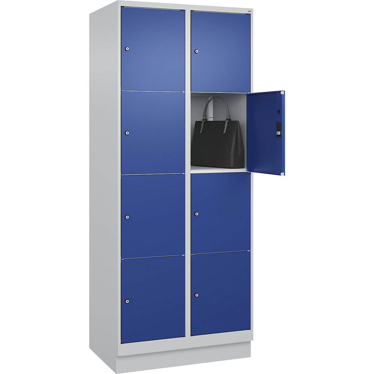 Armário de cacifos de 4 andares Classic PLUS – C+P, 2 compartimentos, cinzento claro/azul genciana, L 800 mm, 8 compartimentos, com rodapé-0