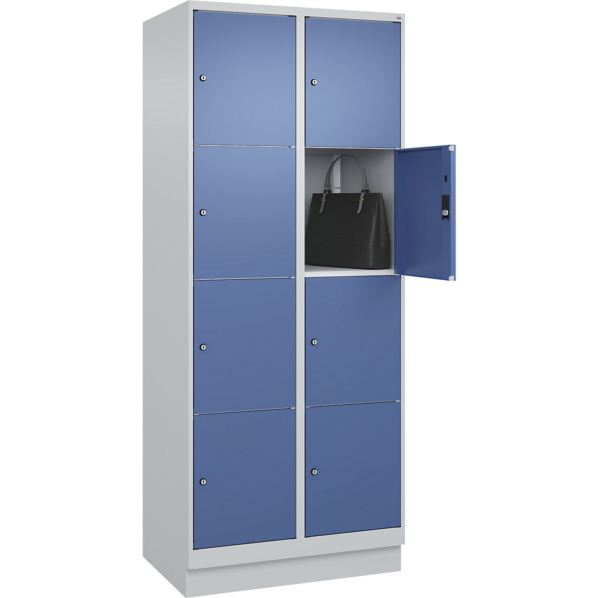 Armário de cacifos de 4 andares Classic PLUS – C+P, 2 compartimentos, cinzento claro/azul distante, L 800 mm, 8 compartimentos, com rodapé-0