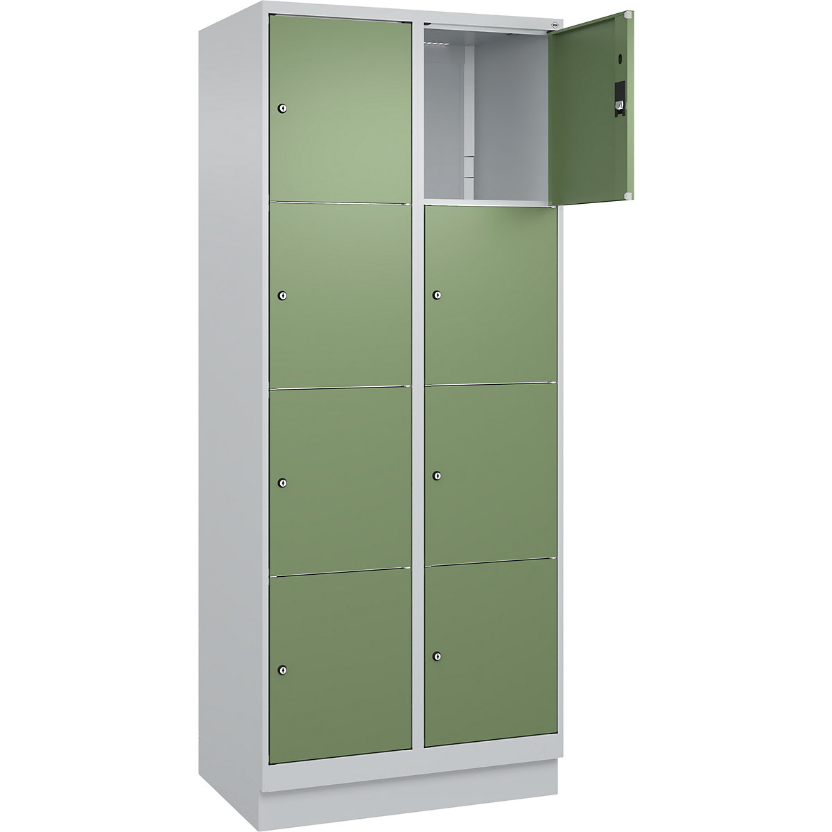 Armário de cacifos de 4 andares Classic PLUS – C+P, 2 compartimentos, cinzento claro/verde reseda, L 800 mm, 8 compartimentos, com rodapé-0