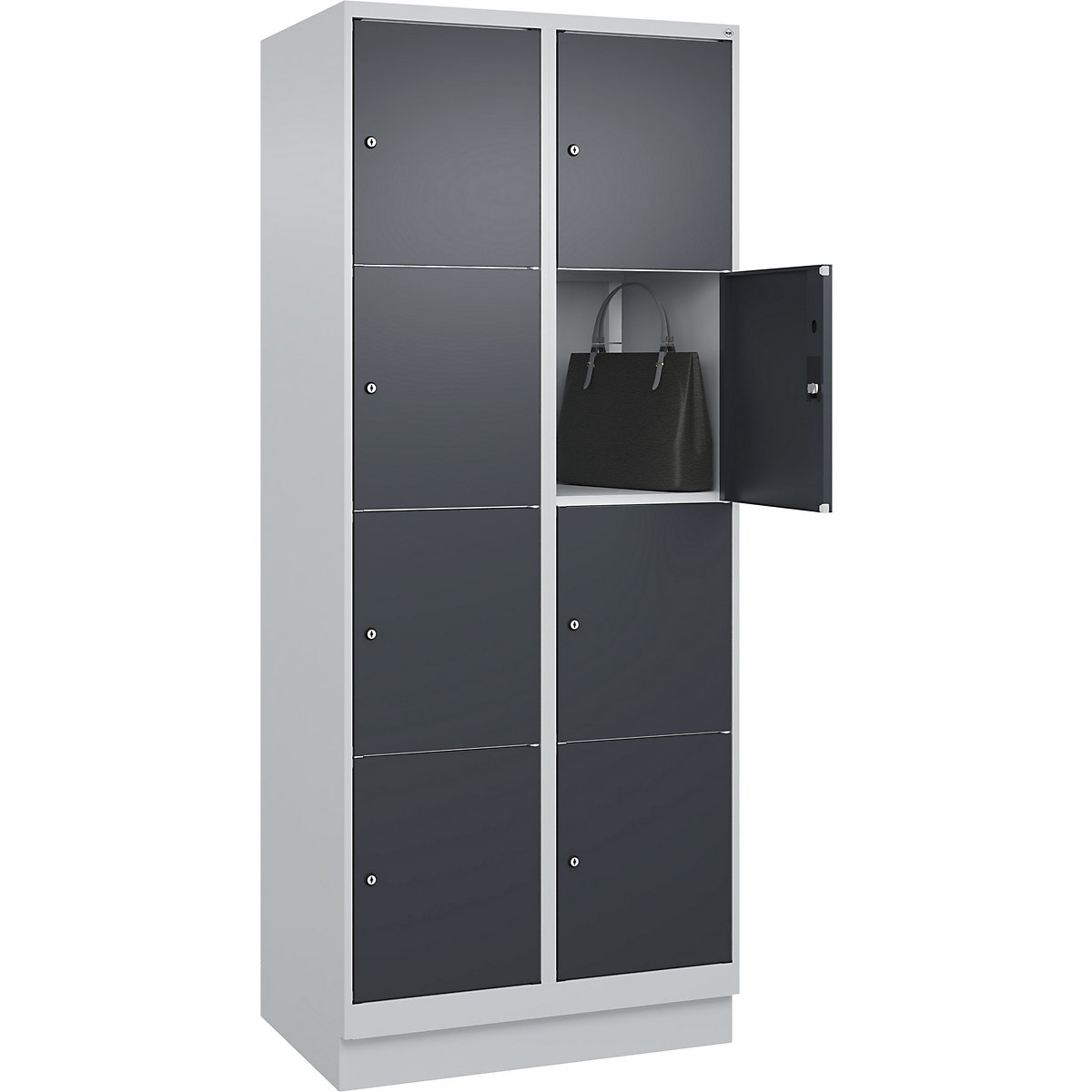 Armário de cacifos de 4 andares Classic PLUS – C+P, 2 compartimentos, cinzento claro/cinzento, L 800 mm, 8 compartimentos, com rodapé-0