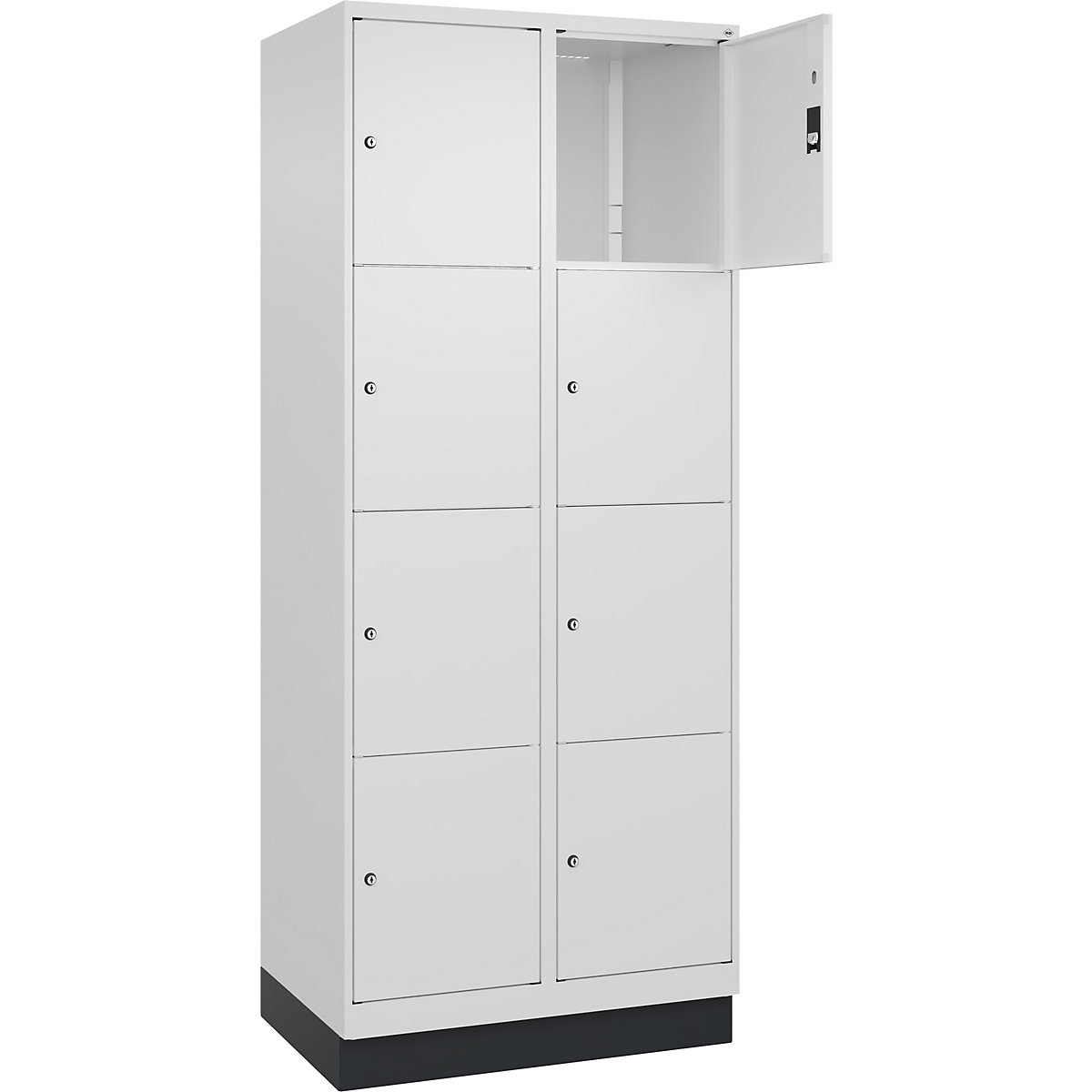Armário de cacifos de 4 andares Classic PLUS – C+P, 2 compartimentos, branco trânsito, L 800 mm, 8 compartimentos, com rodapé-0
