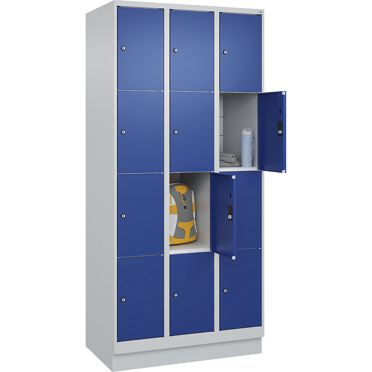 Armário de cacifos de 4 andares Classic PLUS – C+P, 3 compartimentos, cinzento claro/azul genciana, L 900 mm, 12 compartimentos, com rodapé-0